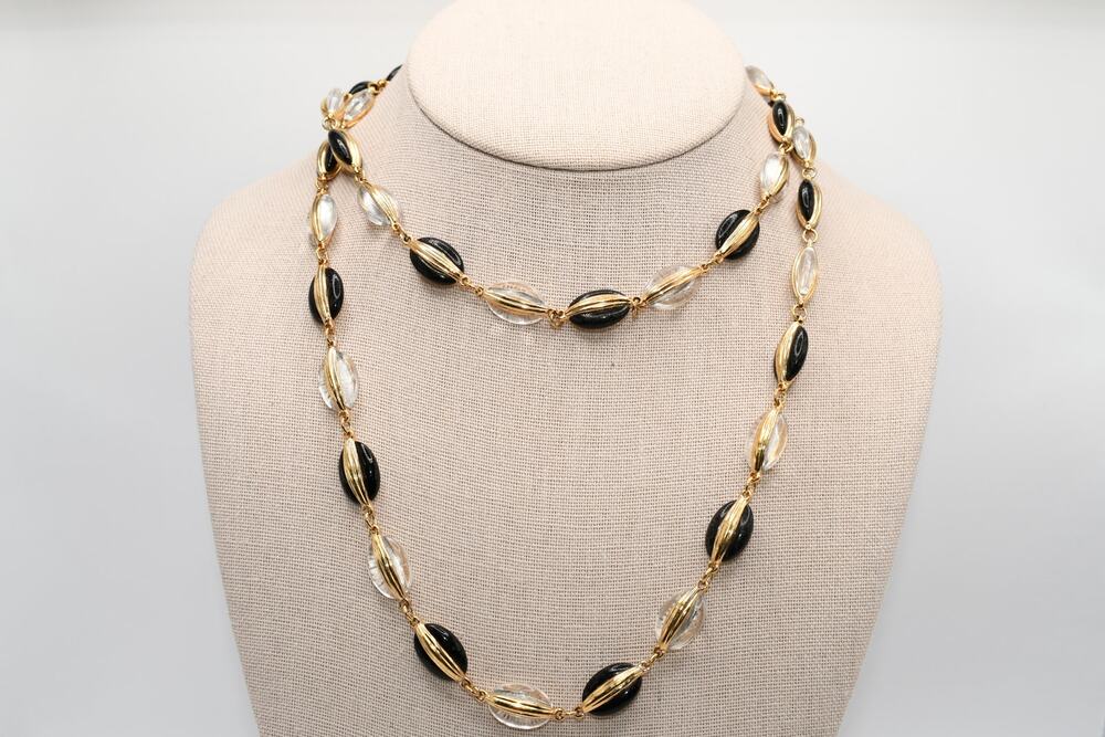 Vintage Swarovski Black Clear Crystal Gold Tone Long Necklace 34”